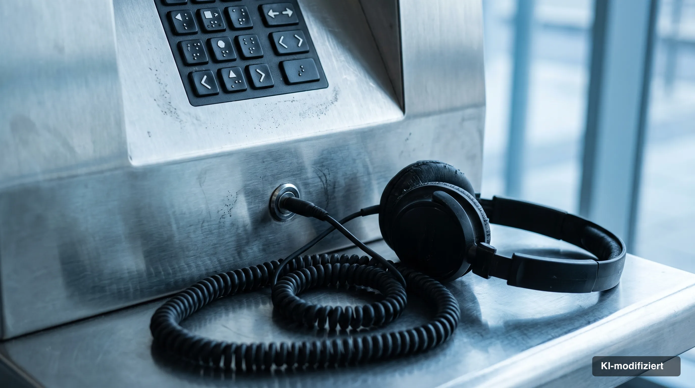Wired earphones plugged into a 3.5 mm jack below a high-contrast button panel of a self-service terminal