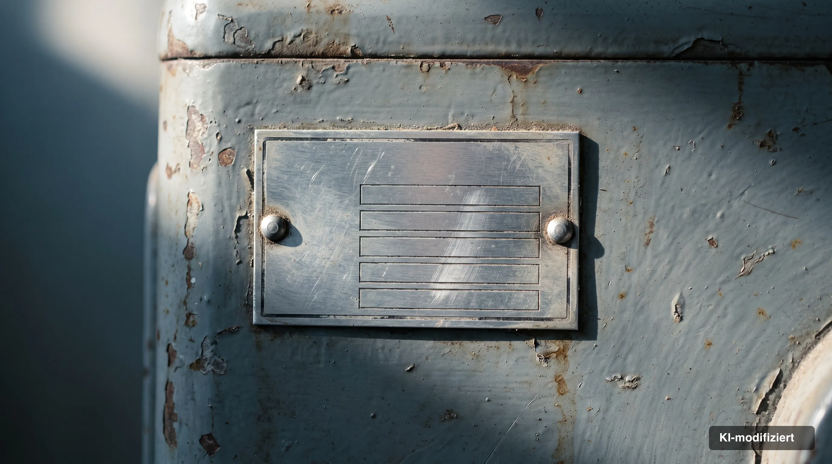 Weathered type plate on the side wall of an older self-service machine with blank embossed fields