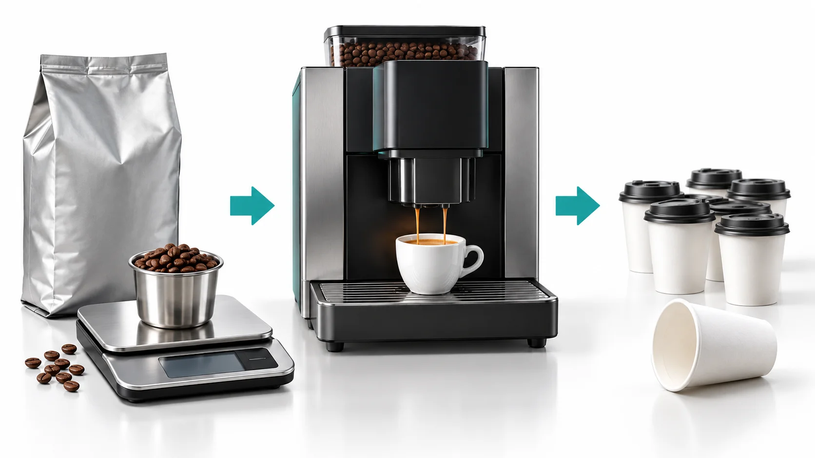 AI illustration: weighing beans, brewing coffee and dispensed drinks