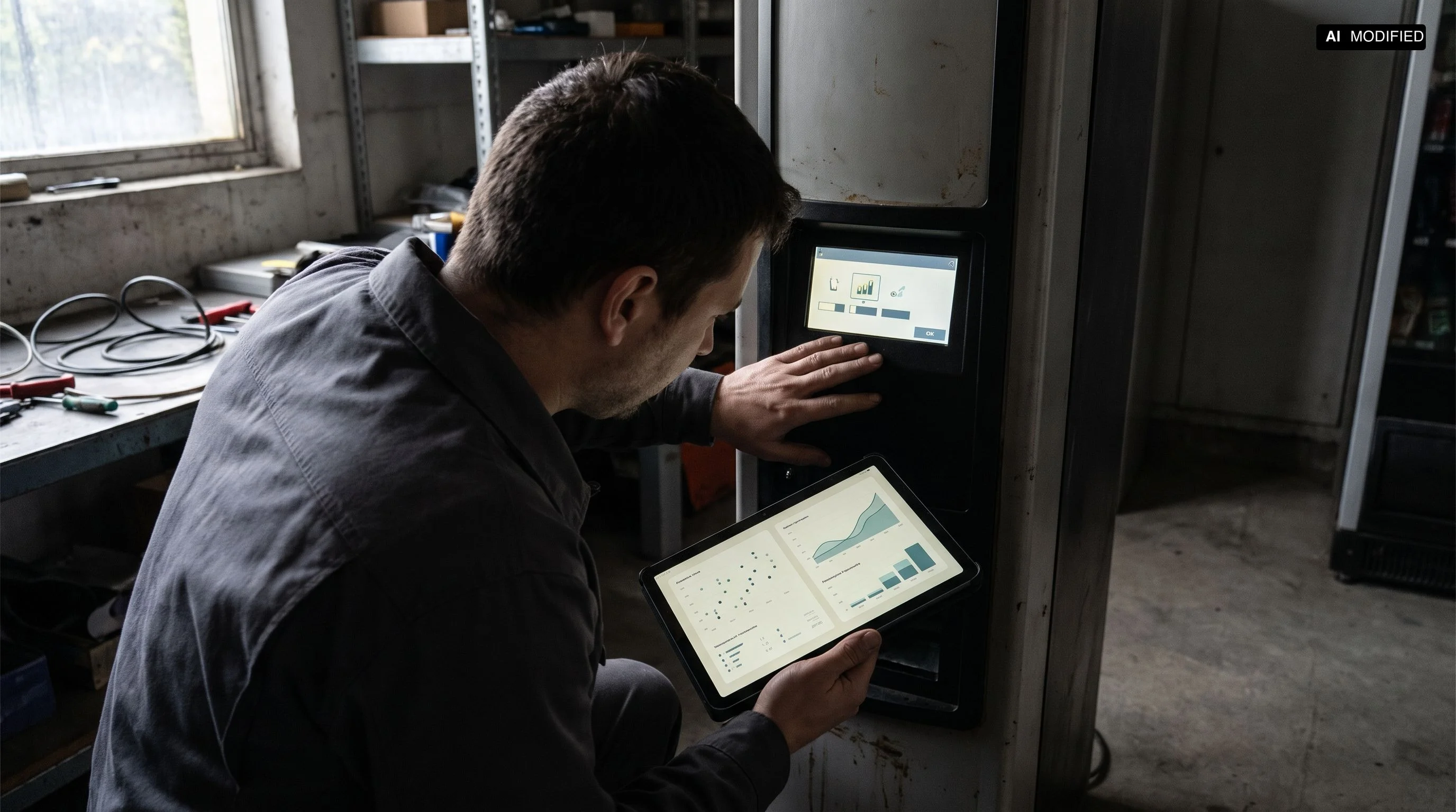 A technician compares an individual vending machine measurement with a trend display on a tablet.