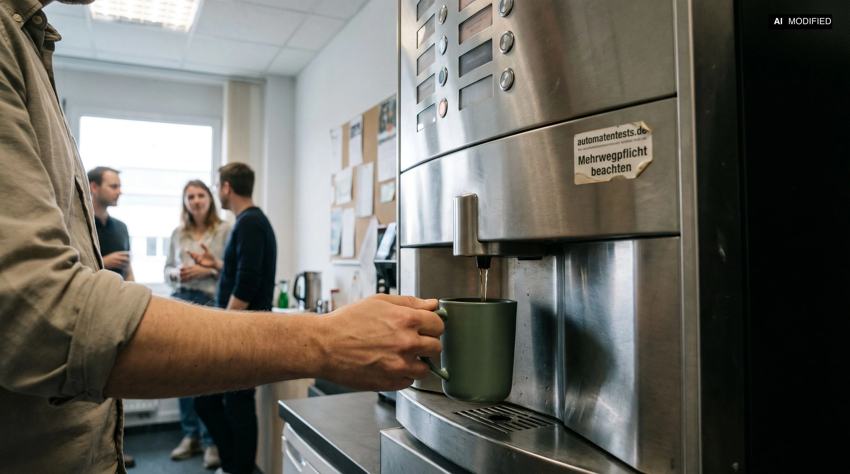 A person holds a reusable cup beneath the dispensing outlet of an unbranded vending machine
