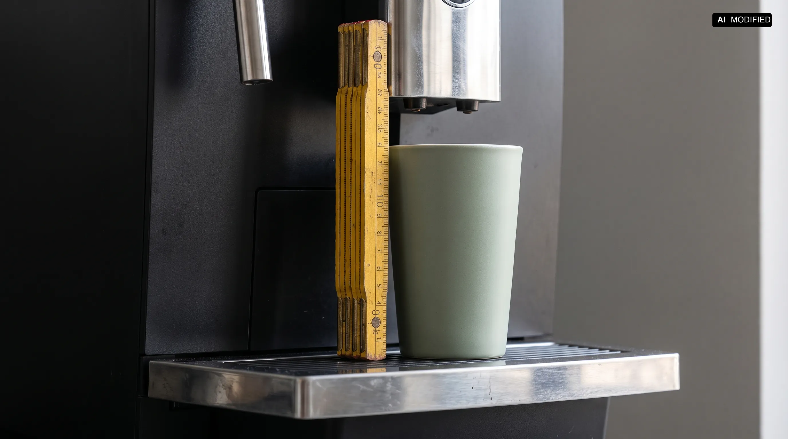 A measuring tape stands next to a reusable cup under the outlet of a fully automatic coffee machine, showing the usable height