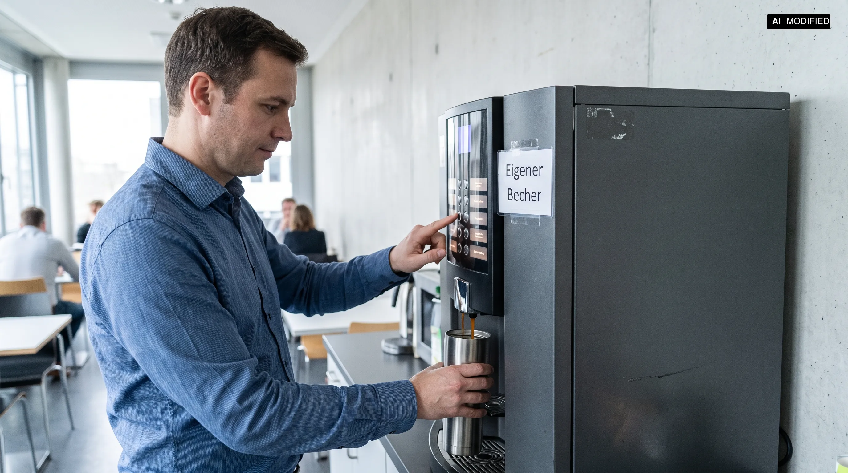 A man holds his own stainless steel thermal cup under the outlet of a coffee vending machine while pressing a selection button, with a notice sign reading "Personal Cup" on the device