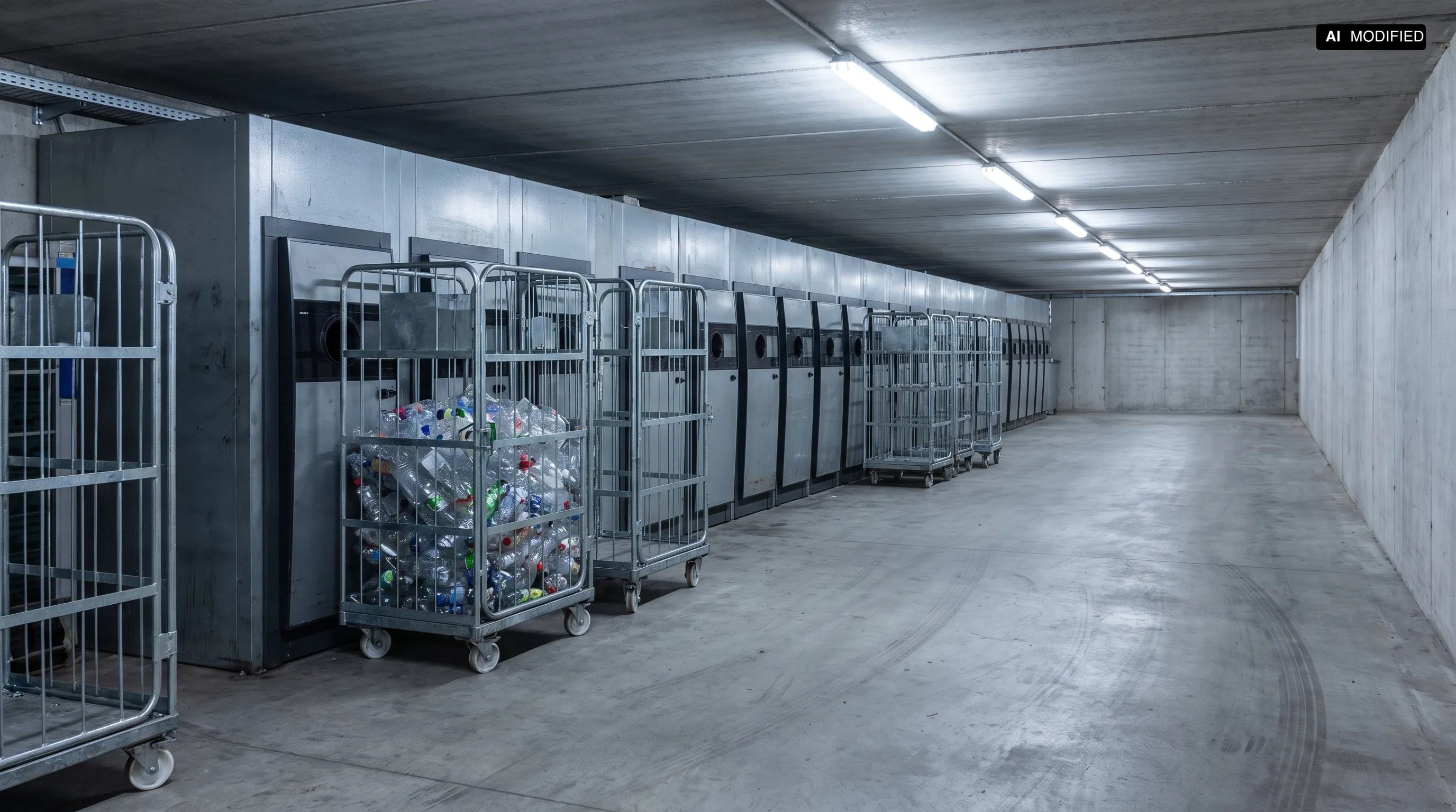 A long backroom in a supermarket with a row of grey collection cabinets along the wall and galvanised roll containers in front, one filled with compacted PET bottles