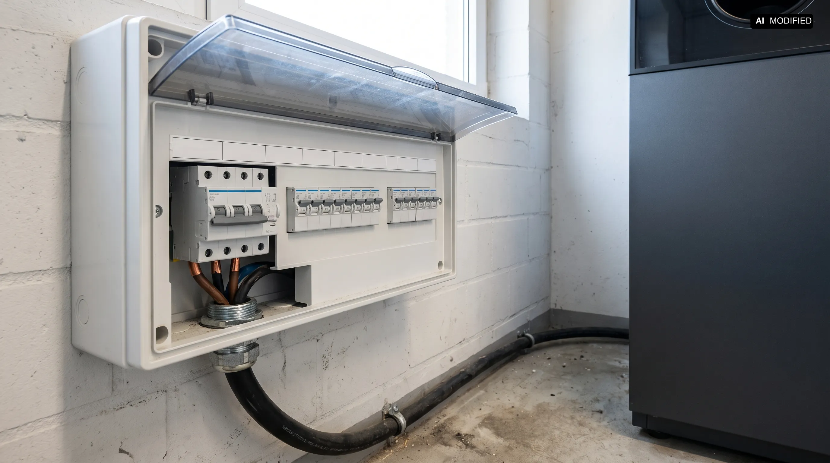 An open DIN rail distribution panel on a concrete block wall: left, a multipole switch with copper conductors and five-wire supply cable; right, rows of narrow circuit breakers, adjacent to the edge of a dark grey unit